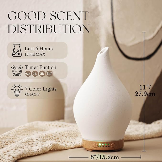 Porseme 150ml Essential Oil Diffuser Ceramic Color Changing Aroma Air Diffusers Aromatherapy Ultrasonic Cool Mist Humidifier 6 Running Hours for Spa Office Sleeping Yoga (White Ceramic) - Bloomnest