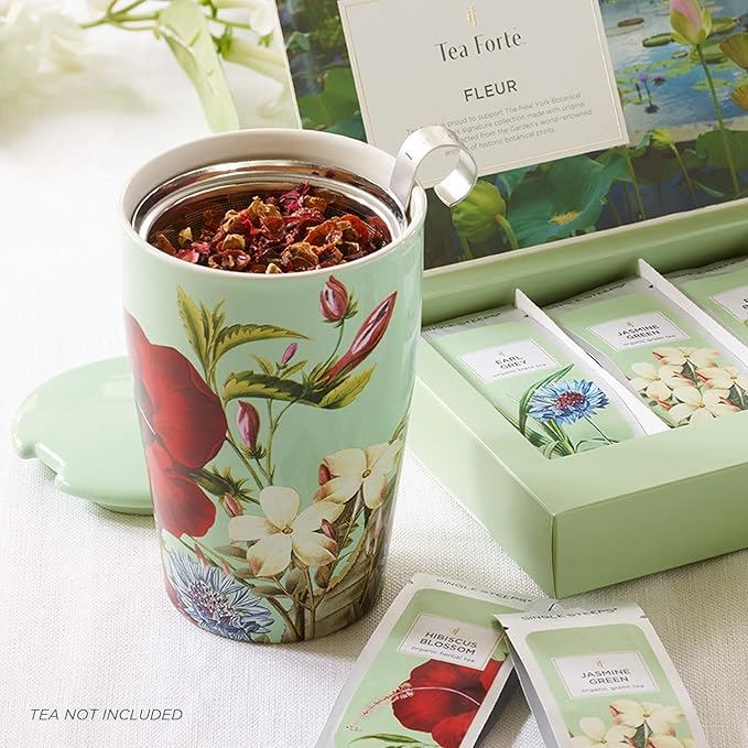 Tea Forte Double-Walled Ceramic Kati Cup, Removable Stainless Steel Infuser Basket and Lid, Steeps 12 oz Loose Leaf Tea, Dishwasher & Microwave Safe, Fleur - Bloomnest