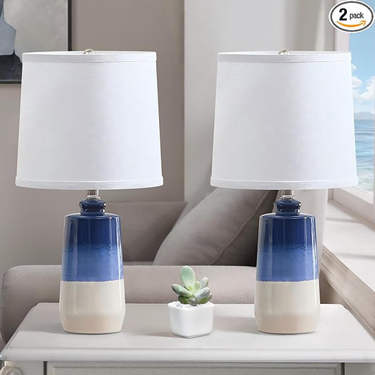 20.5" Ceramic Blue Lamps for Nightstand Set of 2, Blue Table Lamps for Living Room Set of 2, Coastal Table Lamps for Bedroom with White Barrel Lampshade, Blue White Ceramic Lamps for Small Space - Bloomnest