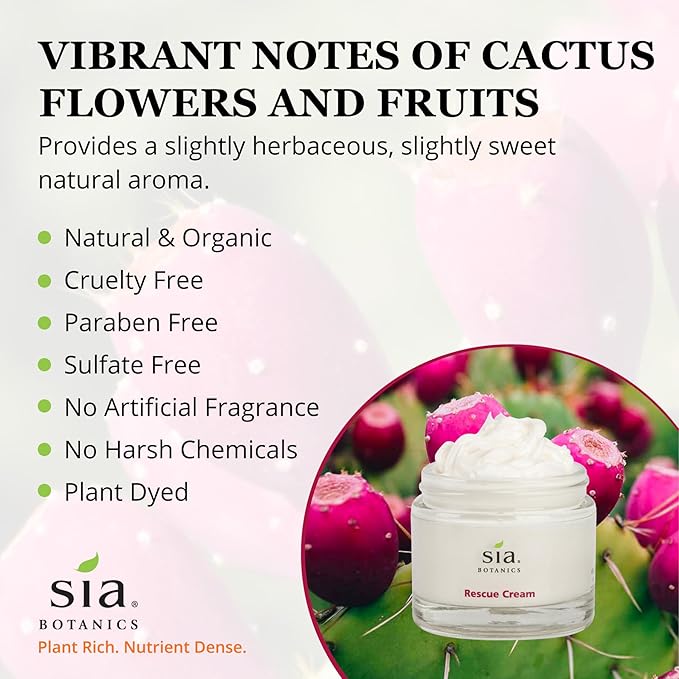 Sia Botanics Rescue Face Cream (65g/2.3oz Glass Jar) | Facial Moisturizer w/Prickly Pear Cactus, Aloe Vera, Green Tea Extract | Natural, Clean, Botanical Skincare for Women - Bloomnest
