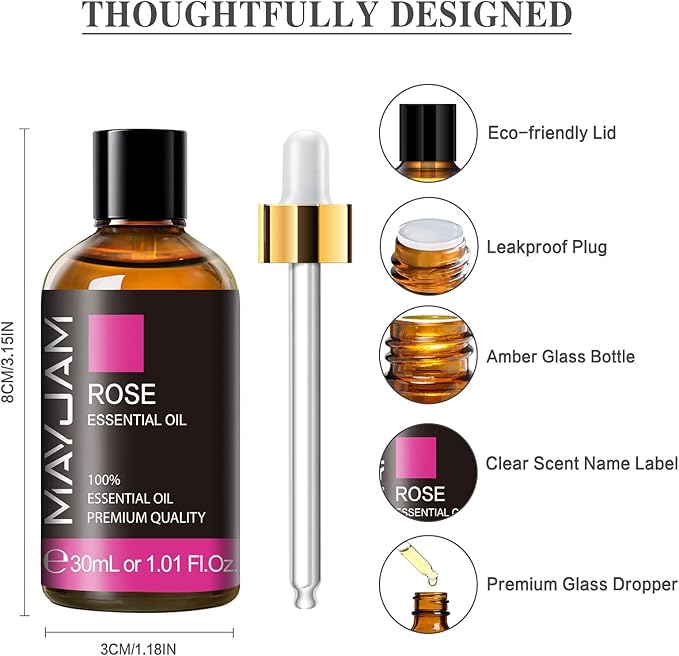 Rose Essential Oil 30ML/ 1.01FL.OZ, MAYJAM Pure Aromatherapy Rose Oil for Massage, Diffuser, Soap Making, Long Lasting Scents - Bloomnest