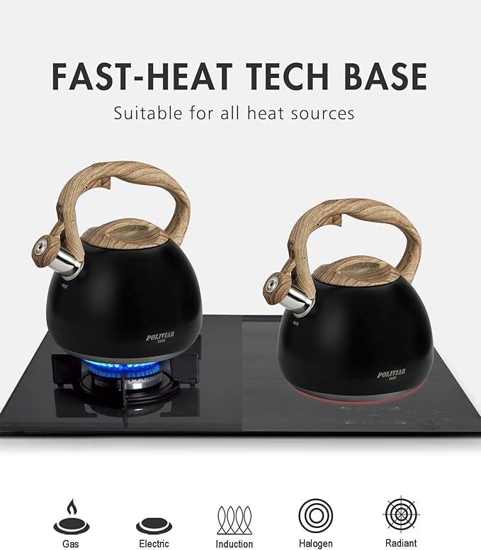 POLIVIAR Tea Kettle, Black Ti Stovetop Tea Kettle 2.7 Quart , Audible Whistling Teapot, Food Grade Stainless Steel for Anti-Rust and Anti Hot Handle, Suitable for All Heat Sources (JX2018-WB20) - Bloomnest