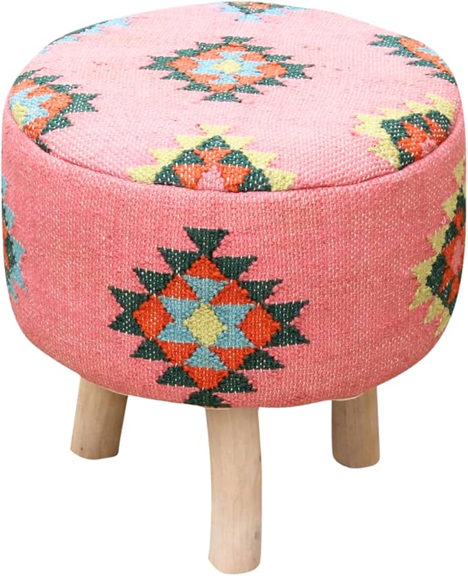 Arabella Pink Kilim Pouf Ottoman – 16" Round Handwoven upholstered Foot Stool with Washable Cover – Accent Knockdown Stool for Bedroom, Living Room, cottagecore, Boho & Farmhouse Decor - Bloomnest