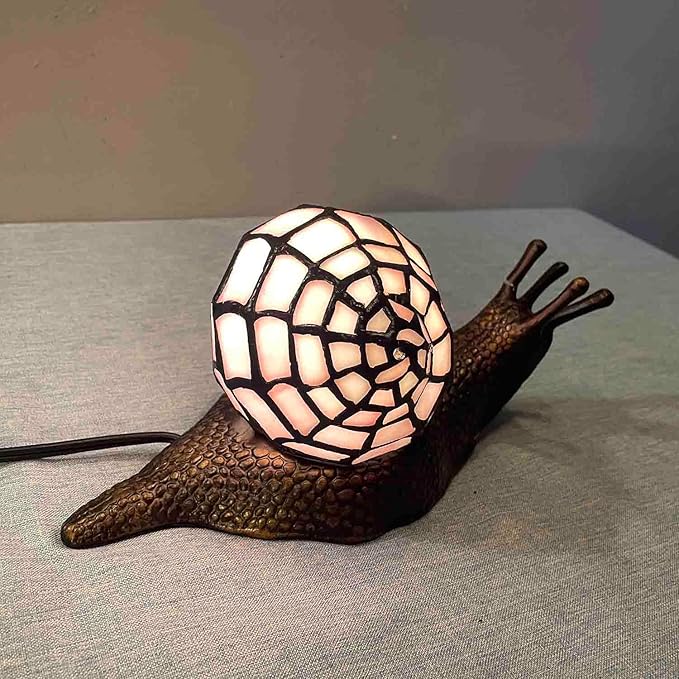 Bieye L10962 Land Snail Tiffany Style Stained Glass Accent Table Lamp for Home Decoration (Pink, 10" D x 5" W x 5" H) - Bloomnest