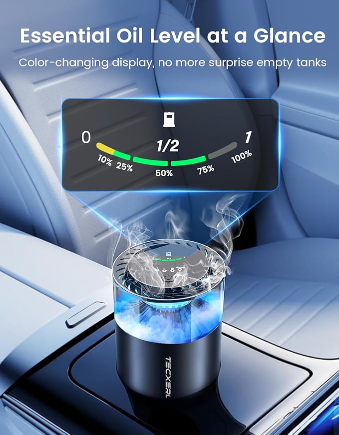 Smart Car Air Freshener, Car Diffuser with Mist Light & 2 Diffusers Oil Refills for 3200 Sprays, 3 Scent Modes, Auto On/Off, Long Lasting Car Air Freshener for Car, Home, Office, Bedroom - Bloomnest
