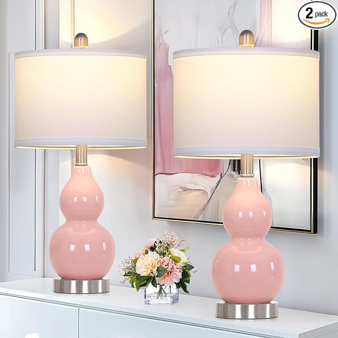 Double Gourd Ceramic Table Lamps Set of 2, Modern Pink Bedside Lamps for Night Stand, Contemporary Nightstand Lamps for Bedroom Living Room (Bulb Included) - Bloomnest
