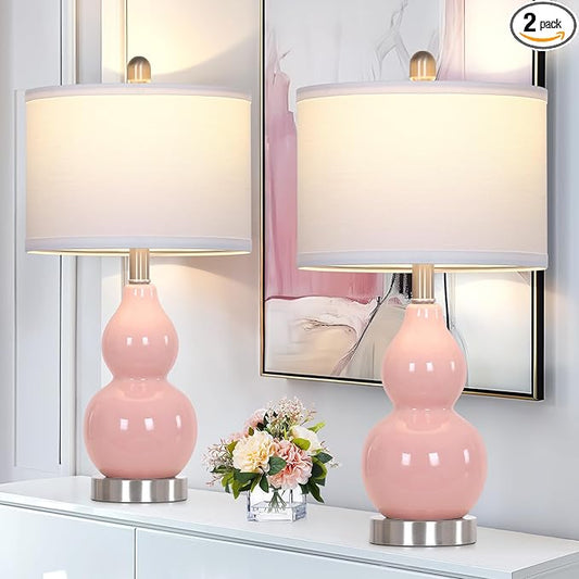 Double Gourd Ceramic Table Lamps Set of 2, Modern Pink Bedside Lamps for Night Stand, Contemporary Nightstand Lamps for Bedroom Living Room (Bulb Included) - Bloomnest