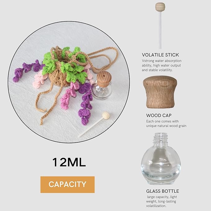 Handmade Crochet Hanging Car Air Freshener - Botanical Wisteria Blossom Design with 12ml Refillable Glass Essential Oil Bottle, Long-Lasting Car Diffuser & Nature-Inspired Decor - Bloomnest