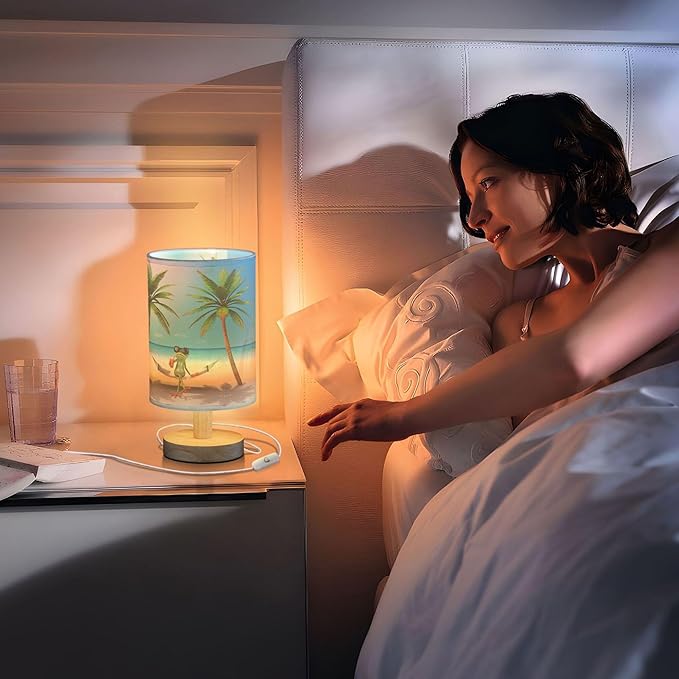 Frog Palm Tree Hammock Table Lamp with Wooden Base and Linen Fabric Shade, Multicolor, 13 cm x 5.12 inches x 9.7 inches, LED, USB, Touch Control, Non-Flashing Warm Light, Indoor Use, 1 Pack - Bloomnest