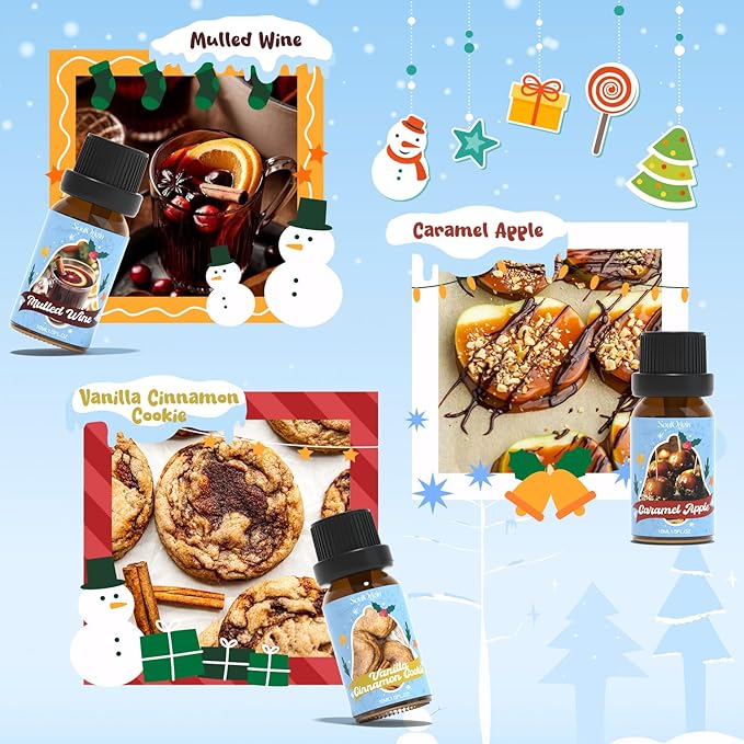 Holiday Essential Oils Set, Fragrance Oil Set for Diffuser, Scent Diffuser Oil for Candle Making-Vanilla Cinnamon Cookies, Caramel Apples, Gingerbread, Fir Cedar, Orange Cloves, Mulled Wine - Bloomnest