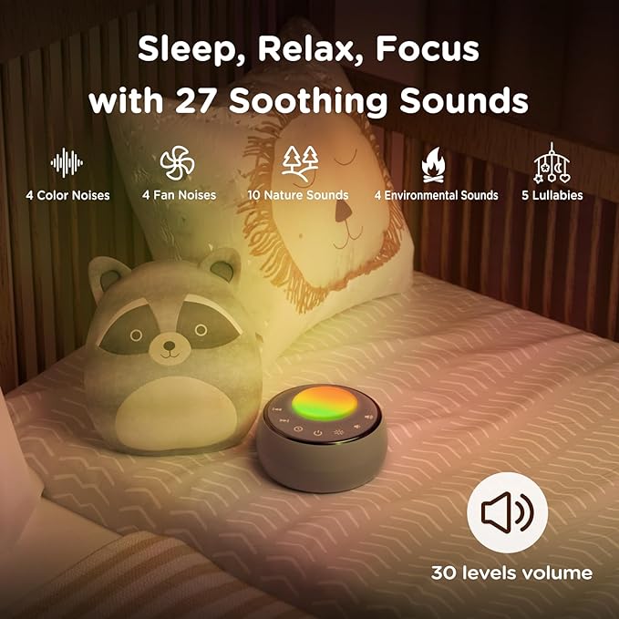 Peakeep White Noise Portable Sound Machine Sleeping Light for Adults Baby, Loud Clear Speaker, 25 Hours Continuous Audio 27 Noise Fan Nature No-looping Sounds, 30 Volume, Battery Operated - Bloomnest