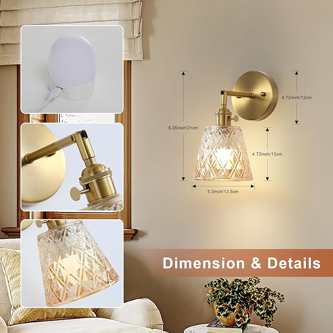 2 Pack Vintage Battery Operated Wall Sconces, Flower Amber Lampshade & 180 Degree Adjustable, Wireless Rechargeable RGB Wall Light with Remote Control, for Bedroom Living Room Hallway Aisle - Bloomnest