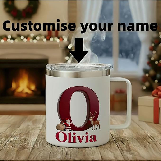 Personalized Christmas Insulated Coffee Mug with Handle – Custom Initial Letter [W] & Name [William] – [Your Brand Name] Double Wall Stainless Steel Travel Tumbler for Hot & Cold Drinks (B110) - Bloomnest