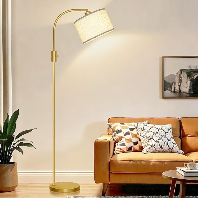 【Upgraded】 Dimmable Gold Floor Lamp, 1200 Lumens LED Bulb Included, Arc Floor Lamps for Living Room Modern Standing Lamp with Linen Shade, Tall Lamp for Living Room Bedroom Office Reading Room Nursery - Bloomnest