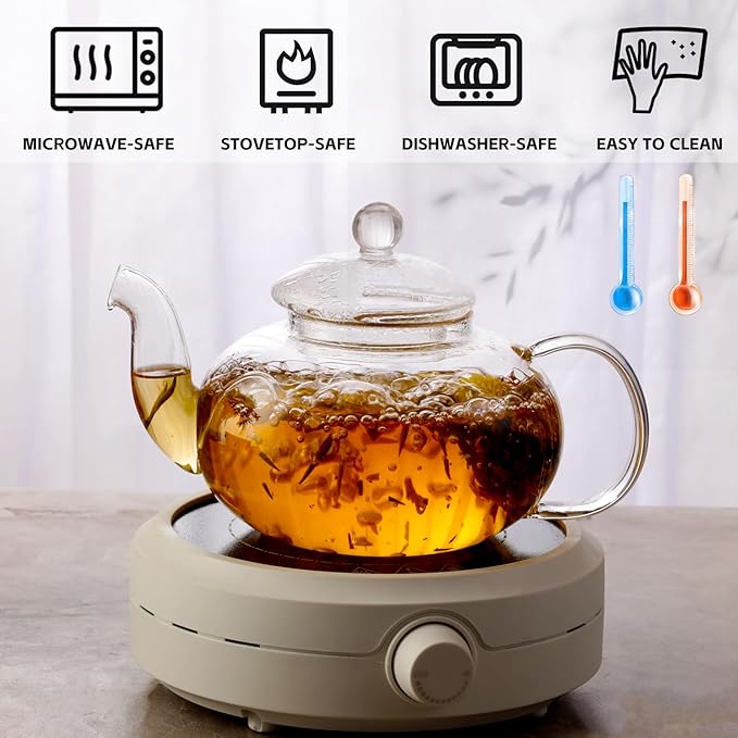Glass Teapot Set, 40OZ/1200ml Stovetop Safe Glass Tea Kettle with Removable Infuser & Tea Warmer, Tea Cups and Saucers Set of 4, Blooming Tea & Loose Leaf Tea Maker Set for Women - Bloomnest