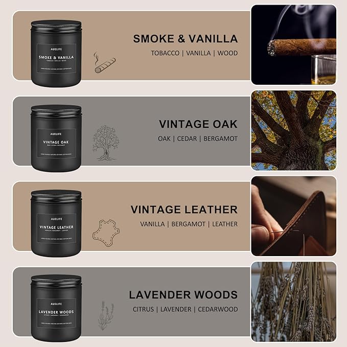 Scented Candles Set | Men Candle Set, Scented Candles for Home, Gifts for Men Aromatherapy Gift Set - 4 Pack Manly Gifts for Dad Fathers Day, Soy Candle of Leather/Smoke & Vanilla/Oak/Lavender - Bloomnest