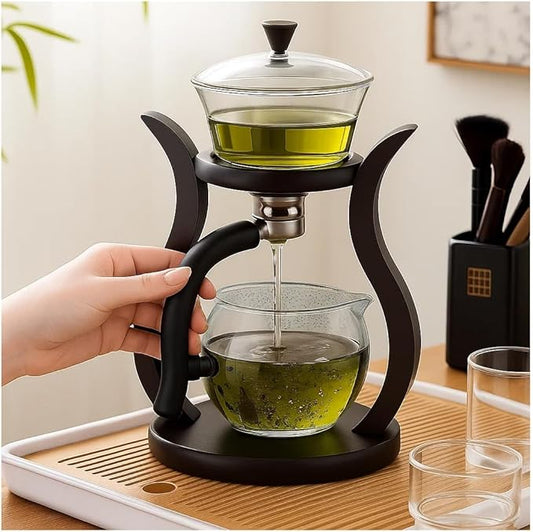Lazy Kungfu Drip TeaPot, Heat Resistant Tea Set, Semi-Automatic Glass Teapot Suit for Magnetic Water Flow Wooden Glass Teapot Set