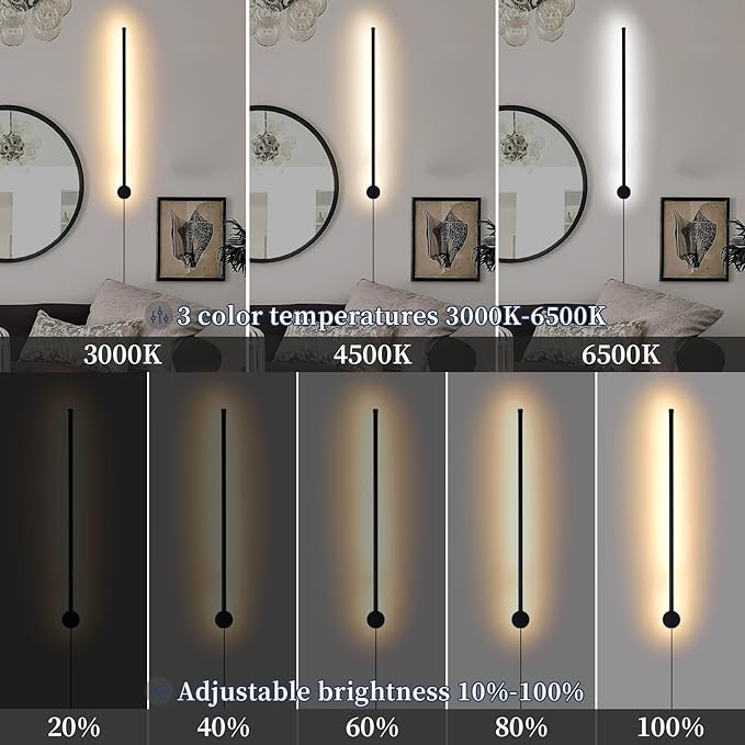 Dimmable Plug in Wall Sconce Set of 2, Black 23.6" LED Wall Light with Remote, Adjustable Color Temperature Brightness Wall lamp with Timer for Living Room,Bedroom and Accent Lighting - Bloomnest