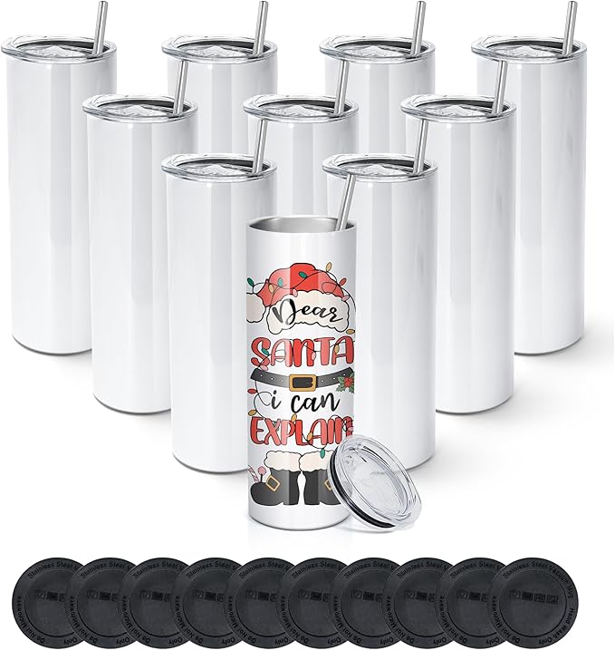 AGH 10 Pack 20 OZ Sublimation Tumblers Blank, Straight Skinny Tumbler with Metal Straw, Stainless Steel Double Layer Insulated Mug, Individually Box, Travel Tumblers - Bloomnest