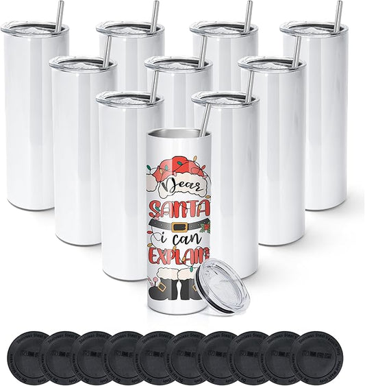 AGH 10 Pack 20 OZ Sublimation Tumblers Blank, Straight Skinny Tumbler with Metal Straw, Stainless Steel Double Layer Insulated Mug, Individually Box, Travel Tumblers - Bloomnest