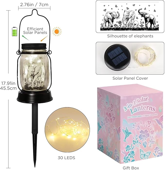 Elephant Gifts for Women/Men Elephant Lovers Solar Lantern Mom Birthday, Mothers Day, Christmas Gifts, Solar Garden Decoration Outside for Yard, Patio,Backyard,Porch, Torches - Bloomnest