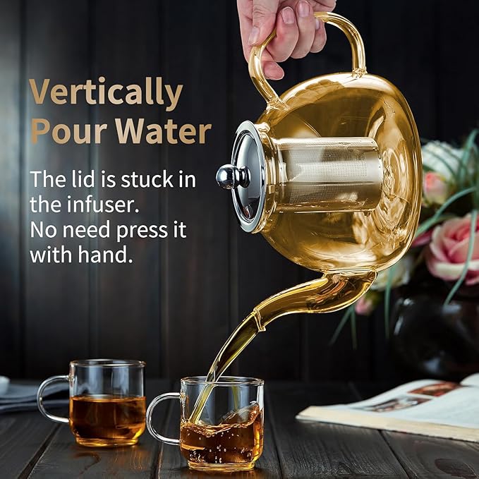 40OZ (1200ML) Glass Teapot with Infuser Stovetop Safe, Clear Glass Tea Pot Kettle, Borosilicate Tea Pot with Infusers Filter for Loose Tea, Tea Kettle Dishwasher Safe (Champagne) - Bloomnest
