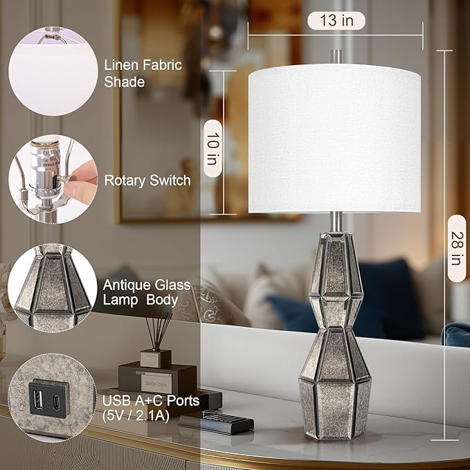 28" Vintage Table Lamps for Bedroom,Antique Bedside Lamp for Living Room with USB A+C Ports,Glass Table Lamps with Linen Shade,3-Way Dimmable Bulb,Nightstand Lamp for Home Hotel Decor(Bulb Included) - Bloomnest
