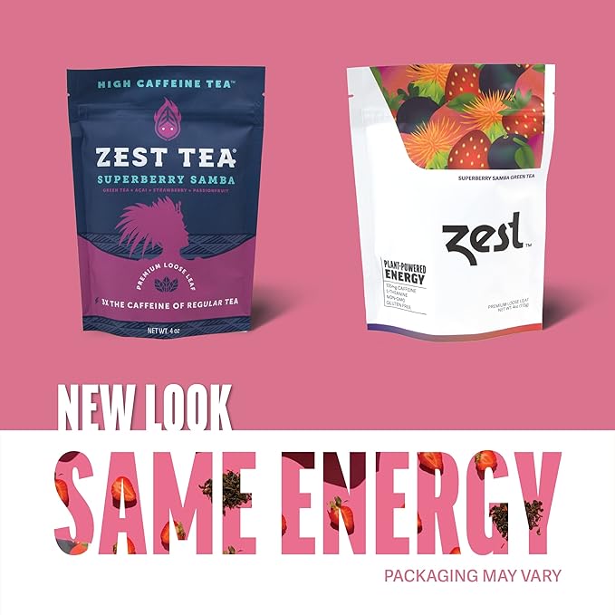 Zest Energy Green Tea - Superberry Samba Loose Leaf - High Caffeine Strawberry & Passion Fruit - Caffeinated Coffee Altnernative with Antioxidants - Natural, Non-GMO & Keto - 50 Servings - 135mg Caf - Bloomnest