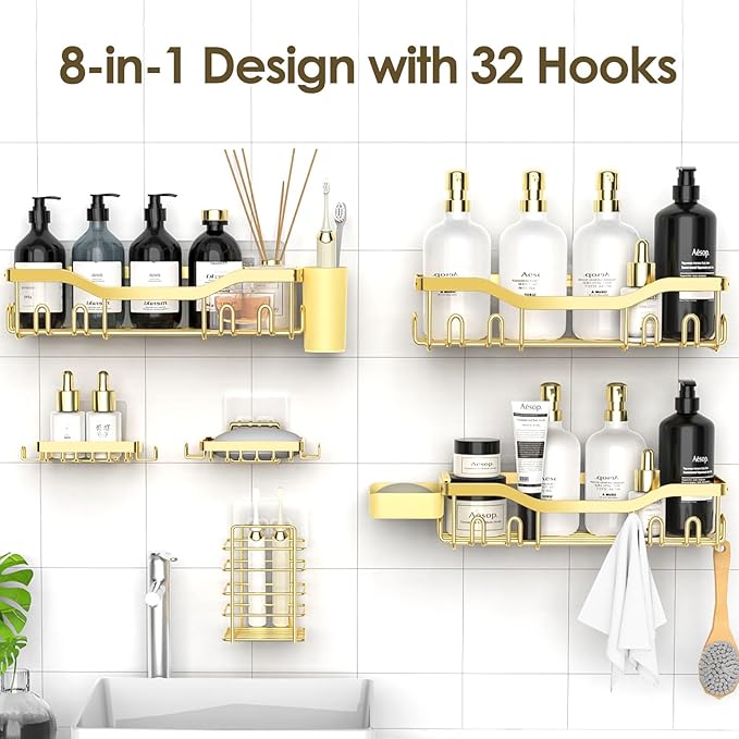 Shower Caddy Adhesive Shower Organizer 8-Pack, Rustproof Stainless Steel Bathroom Shelves, Large Capacity No-Drill Rack Storage Accessories with Soap Dish Toothbrush Holder Hooks - Bloomnest