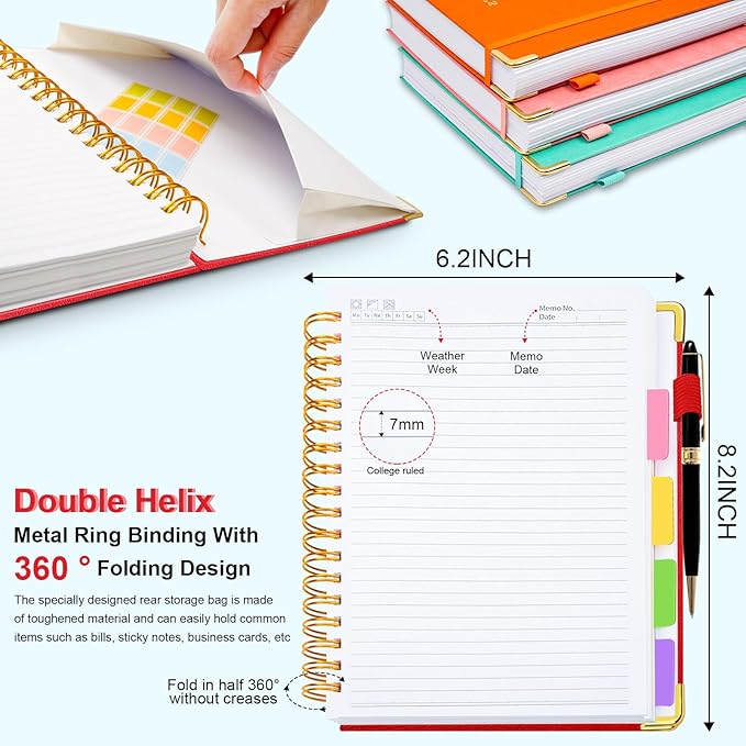 Hardcover Spiral Notebook 6.2"x 8.2" Journal Notebook with Tabs and Removable Dividers 300 Pages 5 Subject Notebook College Ruled, Faux Leather Spiral Bound Notebook for Women School Work(Red) - Bloomnest