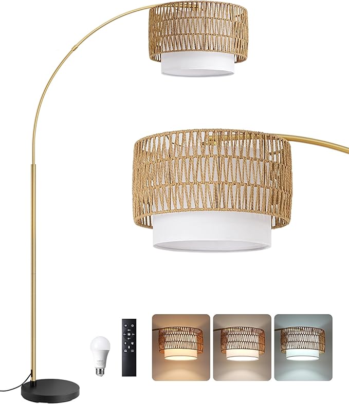 EDISHINE Gold Floor Lamps for Living Room, 76" Arc Floor Lamp with Remote & Dimmable Bulb, Boho Rattan Standing lamp with 5 Color Temperatures, Adjustable Tall Lamp for Bedroom, Office, Nursey - Bloomnest