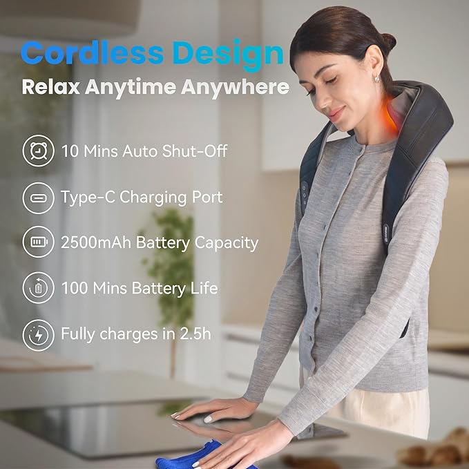 COMFIER Cordless Neck Shoulder Massager with Heat, Shiatsu Neck Back Massage for Pain Deep Tissue, 4D Kneading, Gifts for Dad Mom - Bloomnest