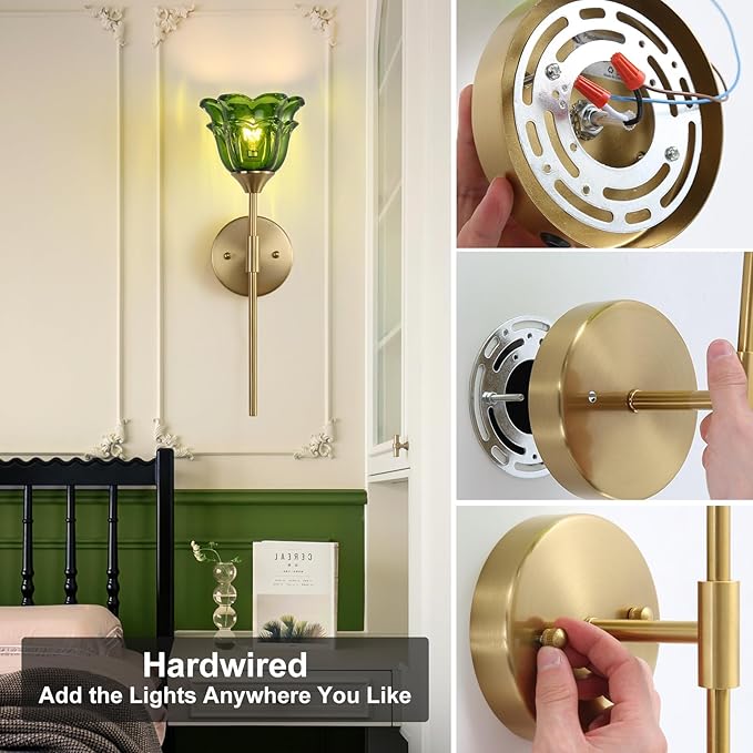 2 Pack Gold Wall Sconce with Green Glass Shades, Modern Mid Century Bathroom Vanity Wall Light Fixtures, Industrial Brushed Brass Wall Lamp, for Bedroom Mirror Living Room, ETL Listed - Bloomnest