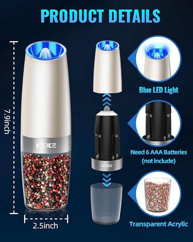 XinXu Gravity Electric Pepper and Salt Grinder Set, Adjustable Coarseness, with LED Light, One Hand Automatic Operation (Set/Khaki X) - Bloomnest