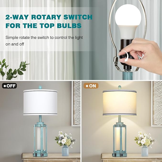 Industrial Farmhouse Table Lamp, 26" Vintage Rustic Beside Lamp with USB A+C Charging Ports & AC Outlet, Nightstand Metal Lamp with LED Night Light & Fabric Shade for Living Room Bedrooms Blue - Bloomnest