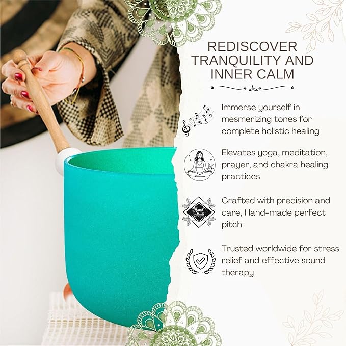 Green F Note Heart Chakra 8 inch Quartz Crystal Singing Bowl, for Healing Mindfulness Meditation Yoga Sound Baths, with Case Rubber Mallet - Bloomnest