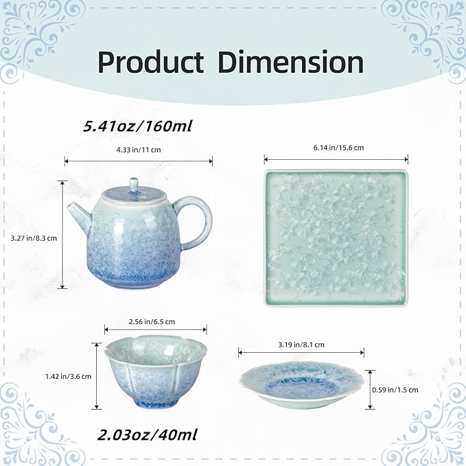 KAMMAK Tea Set Porcelain Tea Pot and Tea Cups Set, Blue and Green Gradient Asian Ceramic Tea Cups and Saucers Set, Chinese Gong Fu Tea Set (2 Saucer+ 2 Cups +1 Tea Pot + 1 Square Plate) - Bloomnest