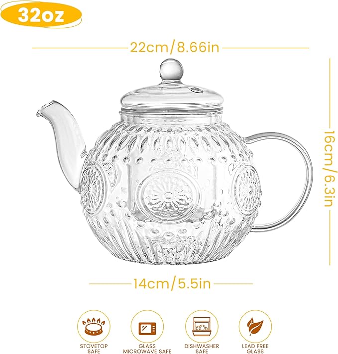 Bandesun Vintage Glass Teapot, Tea Kettle with Removable Infuser 32OZ/1000ml, Borosilicate Glass Pot -Stovetop Safe, Blooming & Loose Leaf Tea Maker Set - Bloomnest