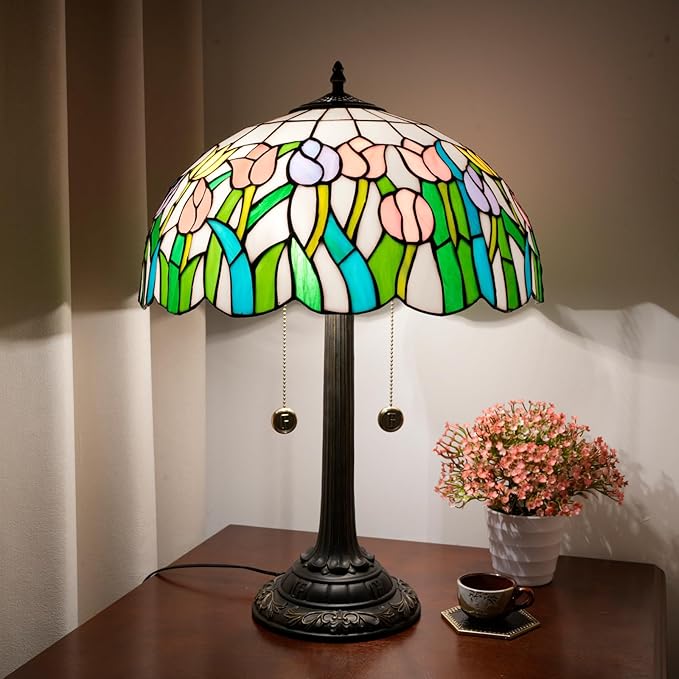 Tiffany Lamp Pink Yellow Tulips Stained Glass Table Lamp 16 inch Large Desk Light Antique Beside Reading Lamp for Home Living Room Bedroom Office - Bloomnest