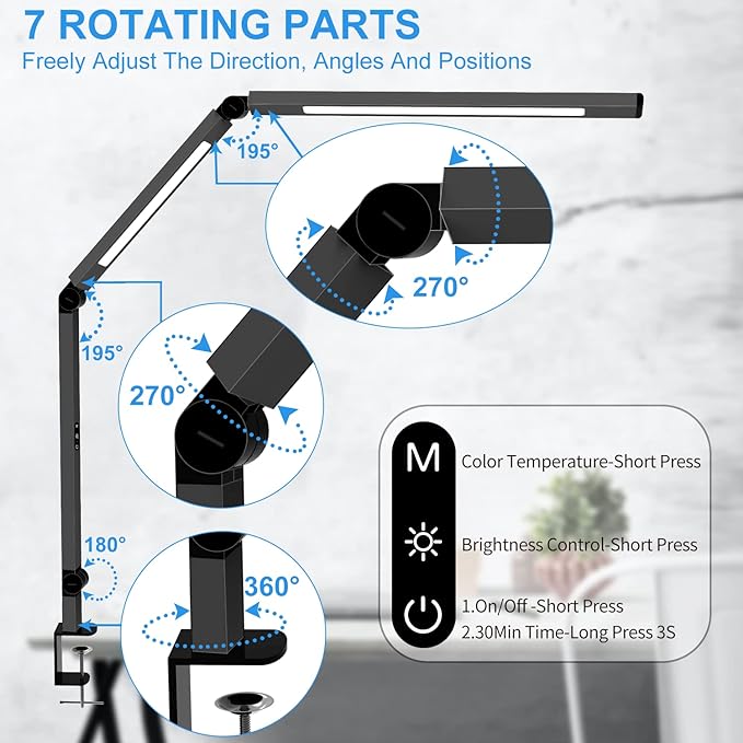 LED Desk Lamp with Clamp, Architect Desk Lamp with Dual Light and Adjustable Swing Arm, Clip-on Eye-Care 4 CCT Modes & 5 Brightness Levels Table Light Modern Computer Lighting for Home Office - Bloomnest