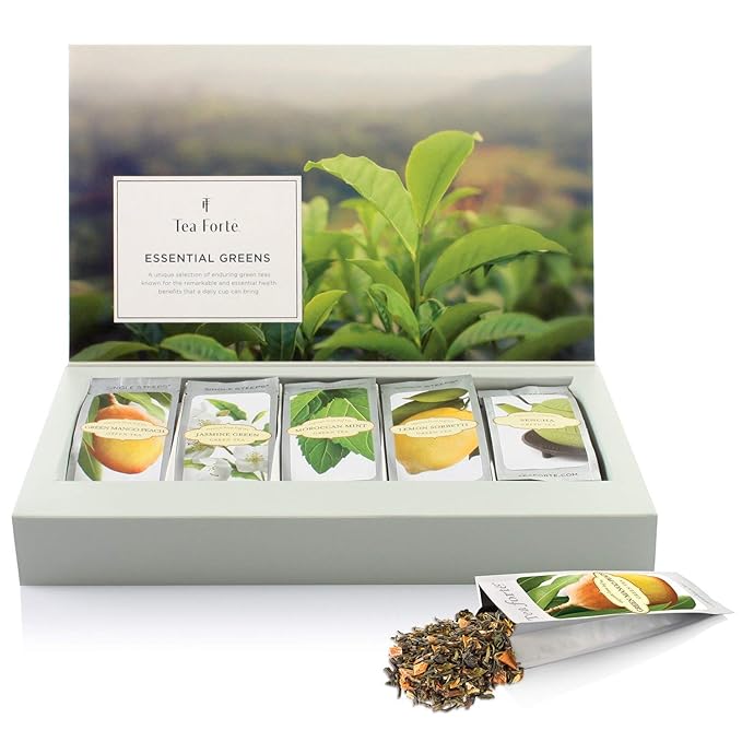 Tea Forte Green Tea Assortment Single Steeps Loose Leaf Premium Tea Gift Set Sampler, 15 Count 3 of Each Assorted Blends, Pre-Portioned Single Serve Pouches, Steeps 12 oz - Bloomnest