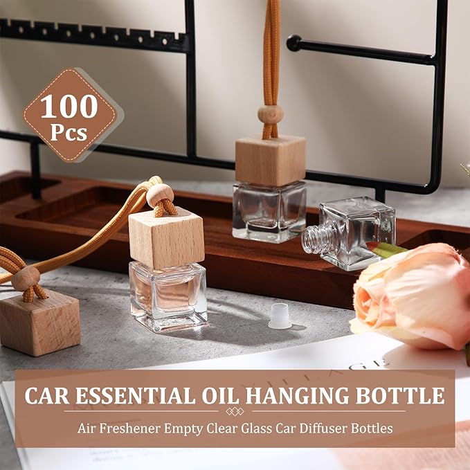 Rtteri 100 Pcs Hanging Car Air Freshener Diffuser Bottles Empty Glass Perfume Diffuser Vials Refillable Oil Aromatherapy Pendant with Wooden Caps and Hanging String for Car Home Office Decor(Square) - Bloomnest