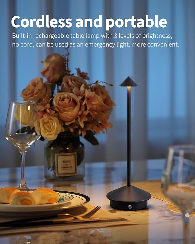 Modern Cordless Table Lamp Set of 2, Portable LED Desk Lamps, 5000mAh Rechargeable Battery Operated Lighting for Bedroom Dining Room Restaurant Coffee Shop Camping Night Light (Black) - Bloomnest
