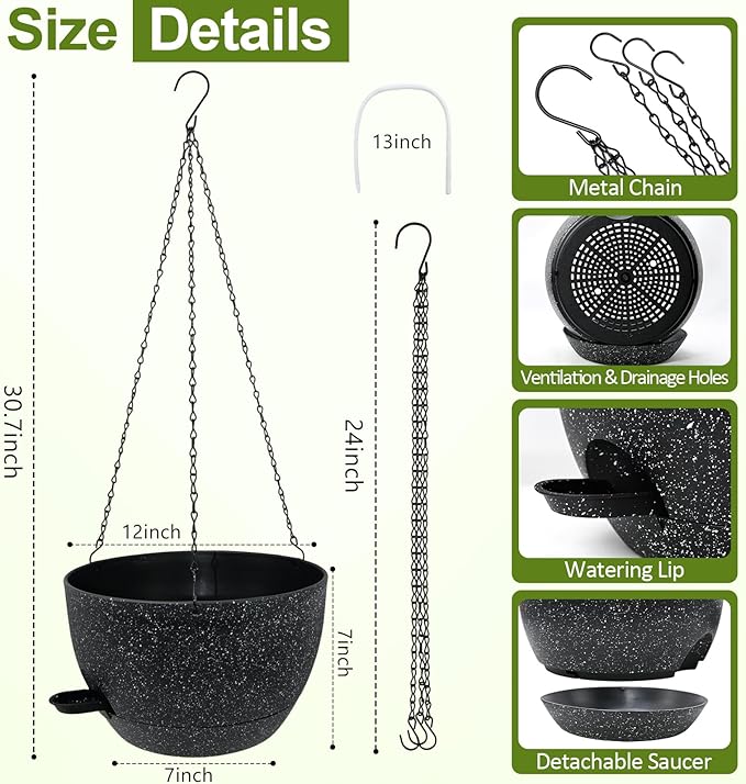 WOUSIWER Self Watering Hanging Planters, 2 Pack 12'' Plastic Pots with Drainage Holes & Reservoir Tray (Speckled Black) | Indoor & Outdoor Use for Ferns, Ivy, Herbs, Succulents - Bloomnest