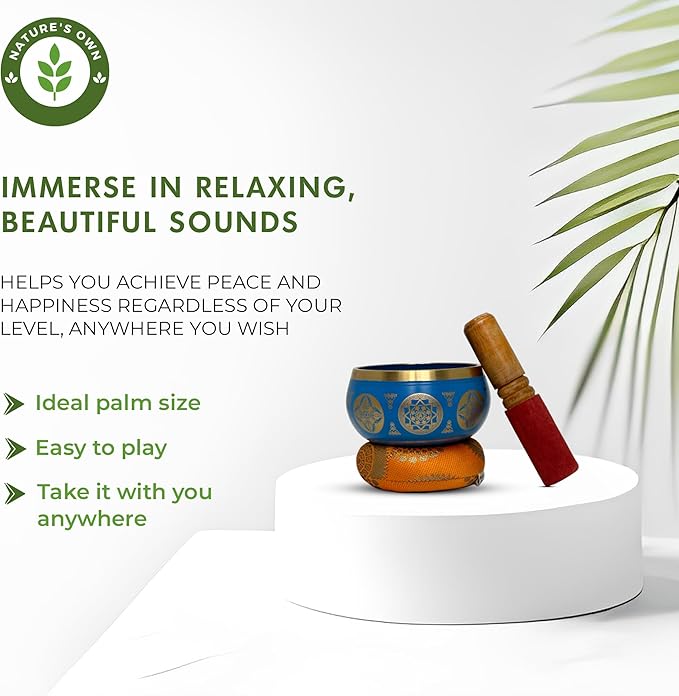 Nature's Own Tibetan Singing Bowl Set- Easy to Play- Meditation Sound Bowl Handcrafted in Nepal for Yoga, Mindfulness, Chakra Healing, Stress Relief- Spiritual Gifts for Women and Men (3.5 Inch, Blue) - Bloomnest