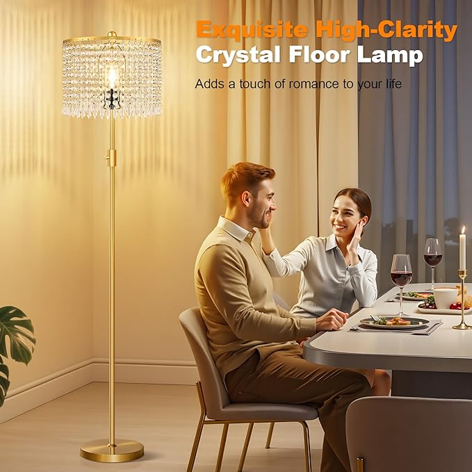 【Upgraded】 Dimmable Floor Lamps for Living Room, 1000LM LED Bulb Included, Standing Lamp with Crystal Lampshade, Tall Gold Pole Light for Bedroom Nursery Office Corner Reading - Bloomnest