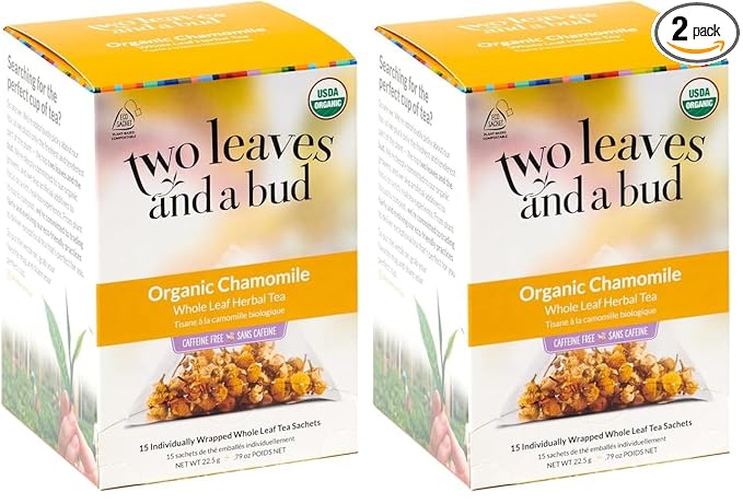 Two Leaves and a Bud Organic Chamomile Herbal Tea Bags, Naturally Caffeine Free, Whole Leaf Chamomile Tea in Compostable Sachets, 15 Count (Pack of 2) - Bloomnest