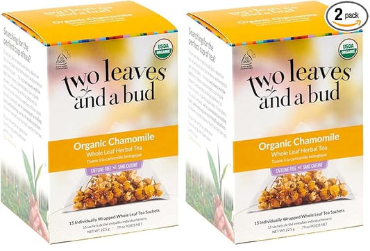 Two Leaves and a Bud Organic Chamomile Herbal Tea Bags, Naturally Caffeine Free, Whole Leaf Chamomile Tea in Compostable Sachets, 15 Count (Pack of 2) - Bloomnest