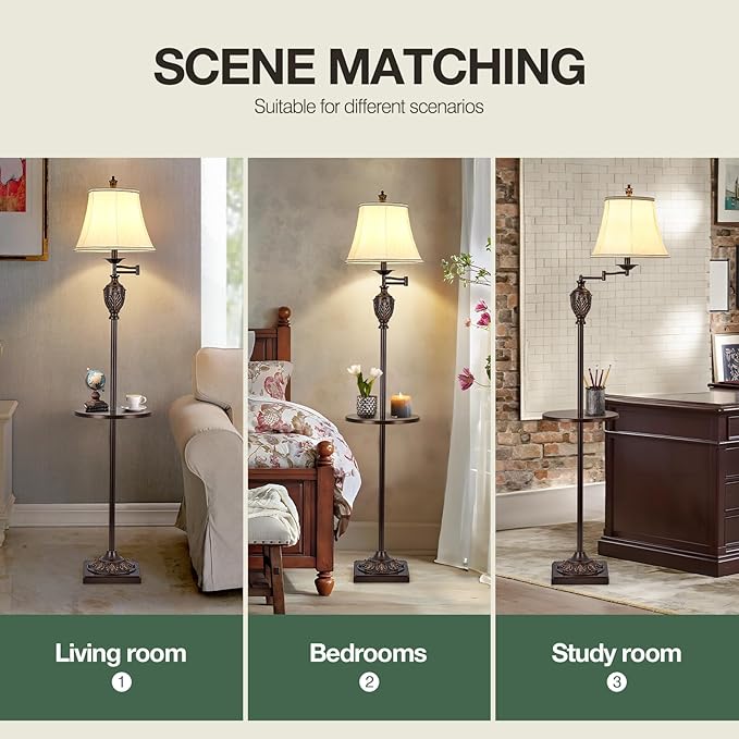 Traditional LED Floor Lamp with 350° Adjustable Swing Arm Lamp – Vintage Standing Pole lamp for Living Room, Bedroom and Office – Rustic Upright Floor Light for Home Décor with Silk Fabric Shade - Bloomnest