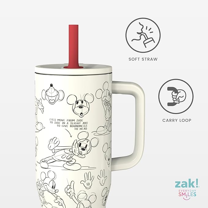 Zak Designs Disney Sutton Travel Tumbler for On the Go, 30oz Stainless Steel with Vacuum Insulation, Silicone Straw, and Carry Handle for Cold Drinks (Mickey Mouse Sketch) - Bloomnest